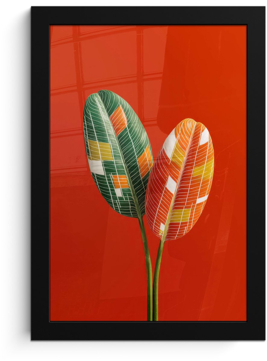 FrameYourWall Poster in lijst - Fotolijst 20x30 cm - Posters - Bladeren - Ovaal - Mozaïek - Patroon - Posterlijst zwart - Decoratie - Wanddecoratie woonkamer - Muurdecoratie slaapkamer