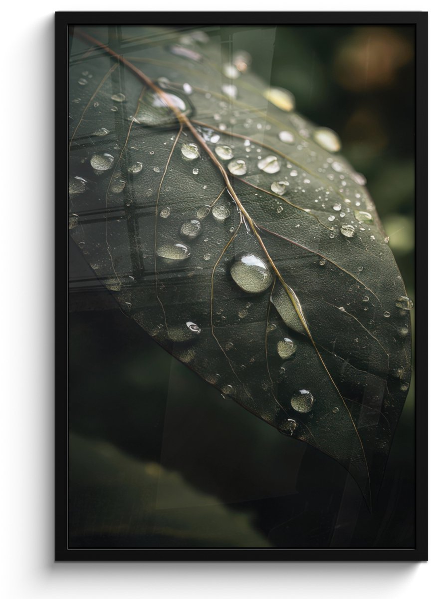 FrameYourWall Poster in lijst - Fotolijst 60x90 cm - Posters - Blad - Groen - Nerven - Regendruppels - Posterlijst zwart - Decoratie - Wanddecoratie woonkamer - Muurdecoratie slaapkamer
