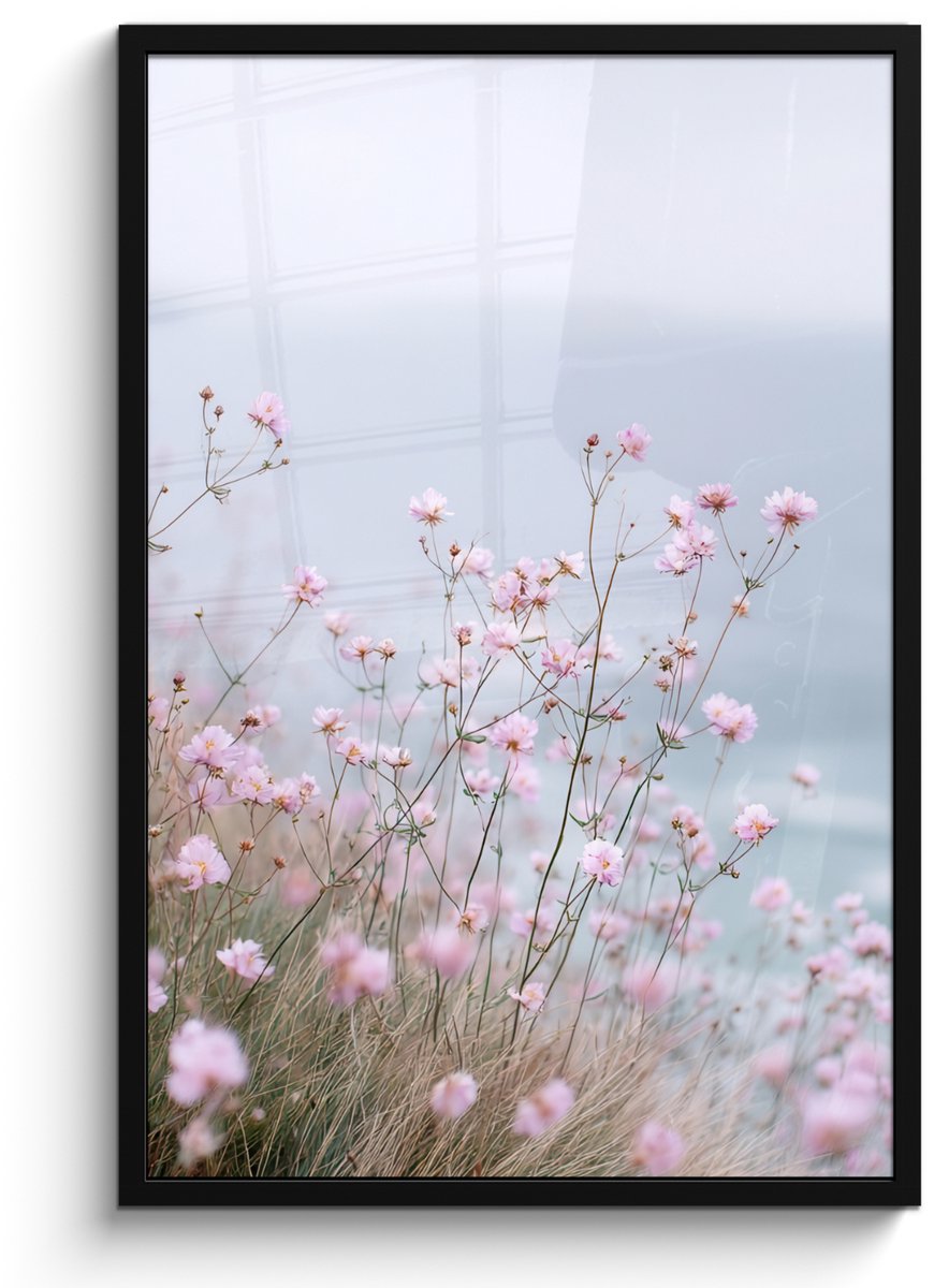 FrameYourWall Poster in lijst - Fotolijst 60x90 cm - Posters - Klif - Bloemen - Zee - Roze - Posterlijst zwart - Decoratie - Wanddecoratie woonkamer - Muurdecoratie slaapkamer