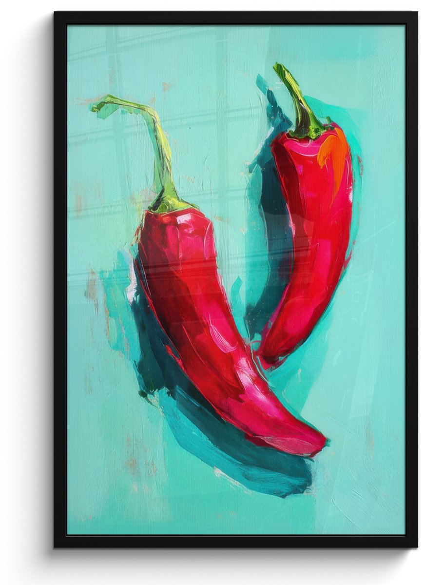 FrameYourWall Poster in lijst - Fotolijst 60x90 cm - Posters - Chilipepers - Geverfd - Rood - Posterlijst zwart - Decoratie - Wanddecoratie woonkamer - Muurdecoratie slaapkamer