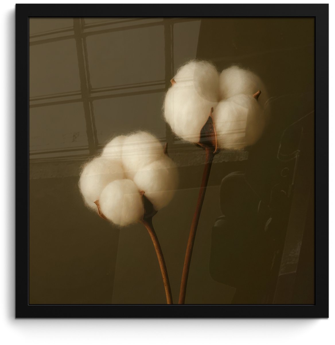 FrameYourWall Poster in lijst - Fotolijst 40x40 cm - Posters - Takken - Katoen - Wit - Bollen - Posterlijst zwart - Decoratie - Wanddecoratie woonkamer - Muurdecoratie slaapkamer