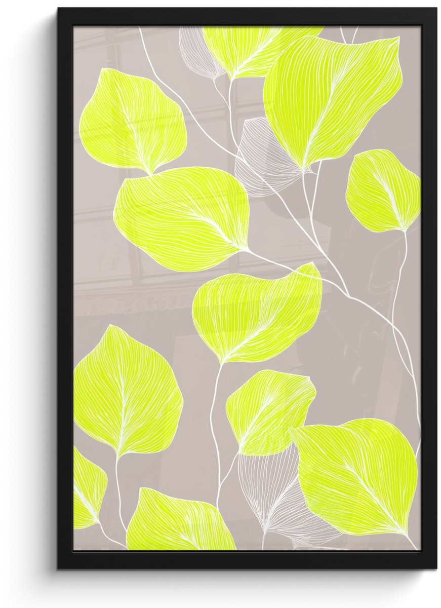 FrameYourWall Poster in lijst - Fotolijst 40x60 cm - Posters - Bladeren - Neon - Geel - Lijnen - Posterlijst zwart - Decoratie - Wanddecoratie woonkamer - Muurdecoratie slaapkamer Bladeren - Lijnen - Neon