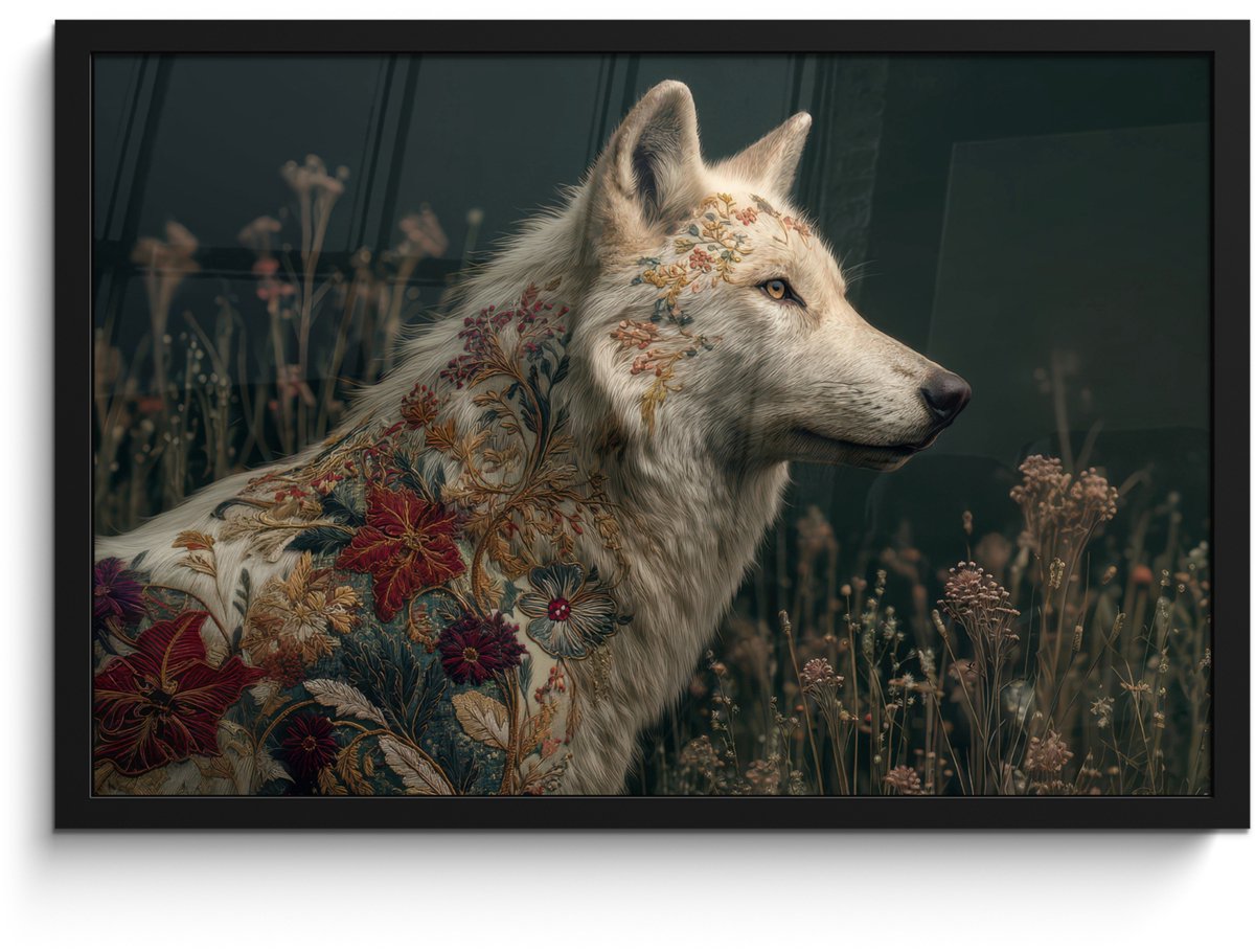 FrameYourWall Poster in lijst - Fotolijst 60x40 cm - Posters - Wolf - Bloemen - Natuur - Posterlijst zwart - Decoratie - Wanddecoratie woonkamer - Muurdecoratie slaapkamer