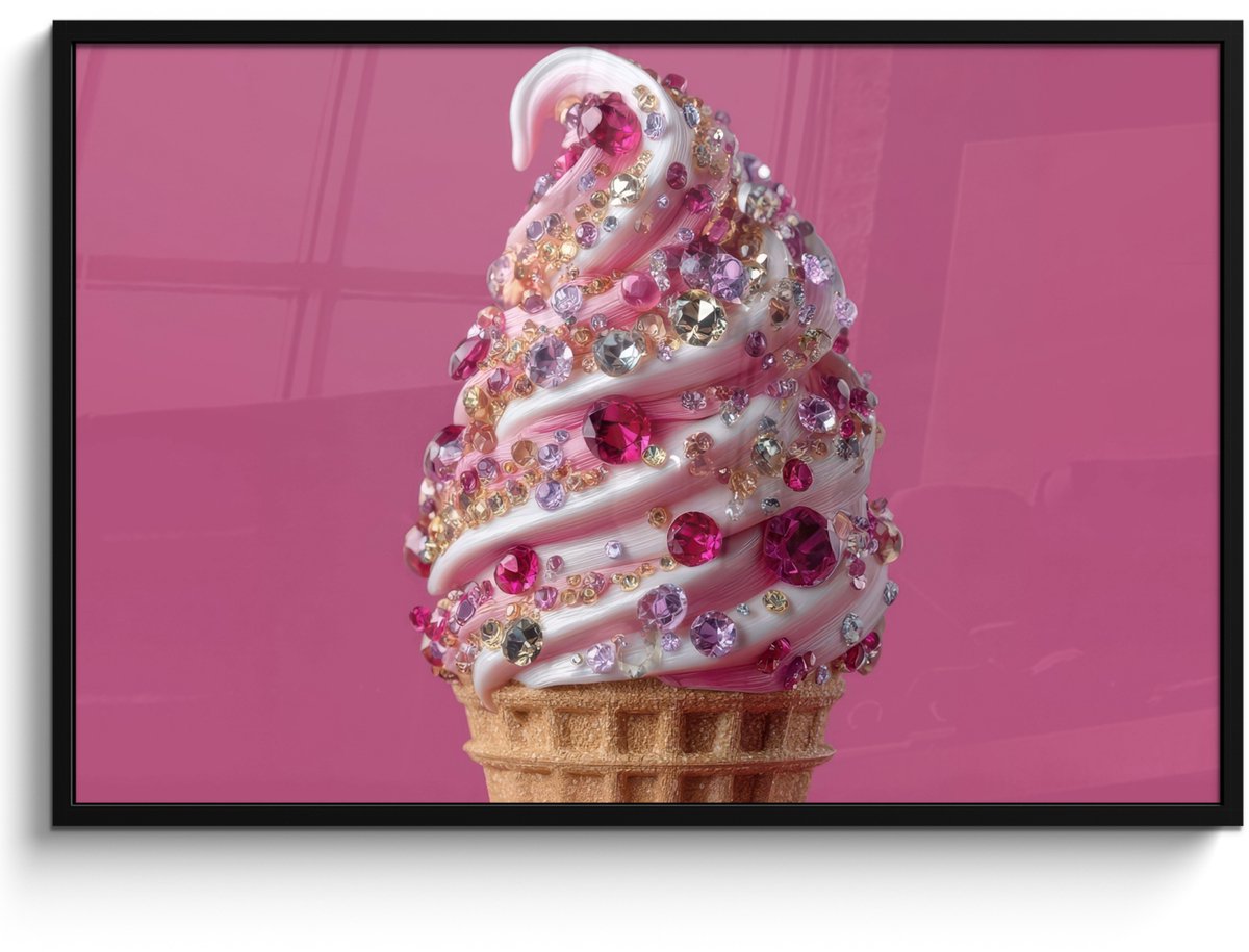 FrameYourWall Poster in lijst - Fotolijst 120x80 cm - Posters - Softijs - Edelstenen - Roze - Hoorntje - Posterlijst zwart - Decoratie - Wanddecoratie woonkamer - Muurdecoratie slaapkamer