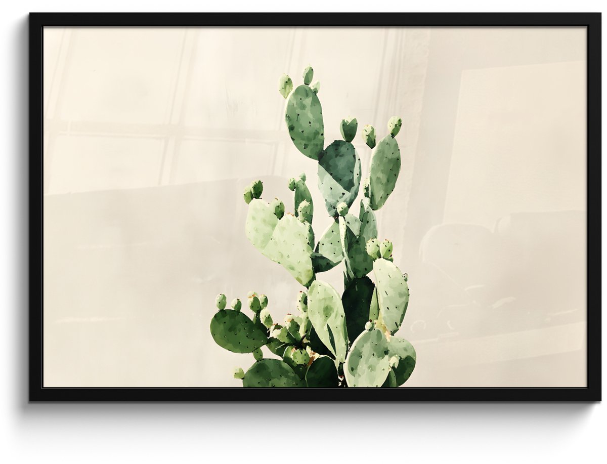 FrameYourWall Poster in lijst - Fotolijst 90x60 cm - Posters - Cactus - Groen - Minimalistisch - Posterlijst zwart - Decoratie - Wanddecoratie woonkamer - Muurdecoratie slaapkamer