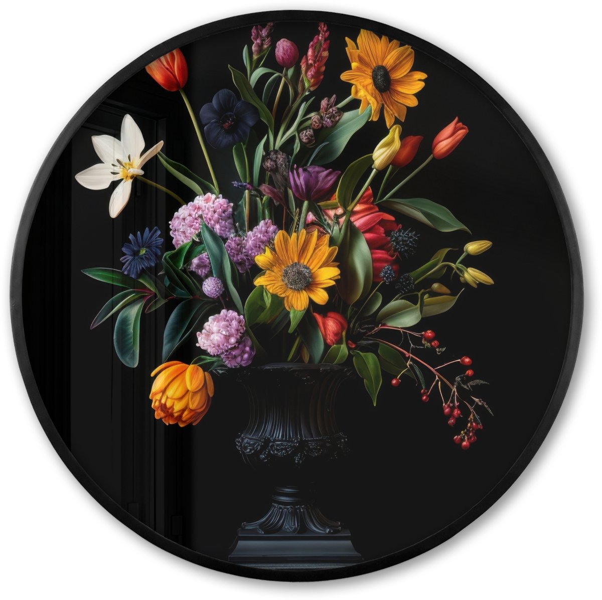 FrameYourWall Poster in lijst Rond - Fotolijst 60x60 cm - Posters - Zonnebloemen - Boeket - Kleurrijk - Ronde posterlijst zwart - Decoratie - Wanddecoratie woonkamer - Muurdecoratie slaapkamer Boeket - Bloemen 1
