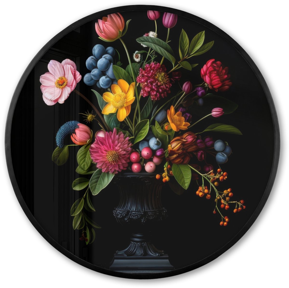 FrameYourWall Poster in lijst Rond - Fotolijst 80x80 cm - Posters - Bloemen - Vrolijk - Vaas - Ronde posterlijst zwart - Decoratie - Wanddecoratie woonkamer - Muurdecoratie slaapkamer Boeket - Bloemen 2