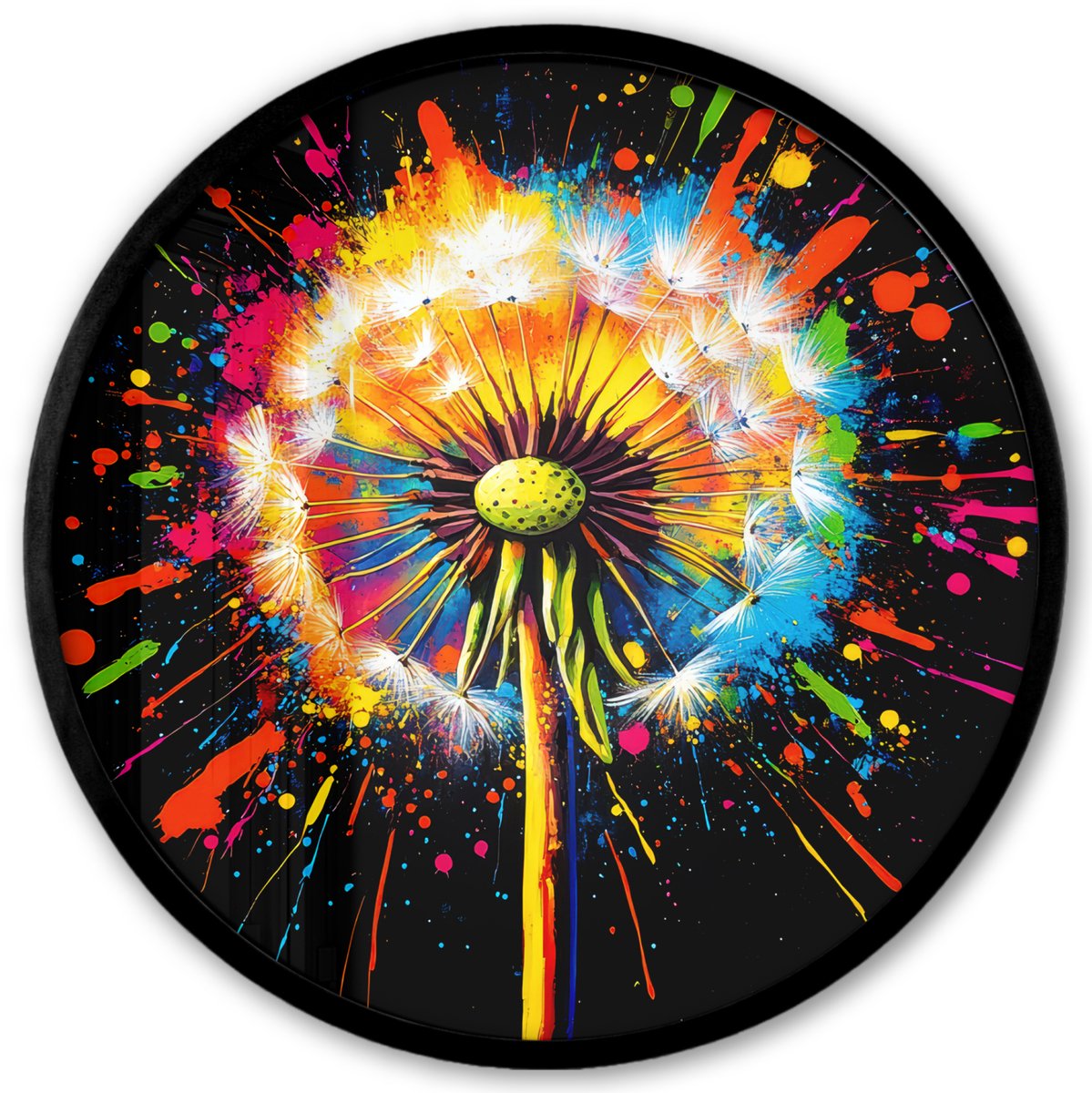 FrameYourWall Poster in lijst Rond - Fotolijst 40x40 cm - Posters - Paardenbloem - Graffiti - Kleurrijk - Bloemen - Natuur - Ronde posterlijst zwart - Decoratie - Wanddecoratie woonkamer - Muurdecoratie slaapkamer Graffiti - Paardenbloem
