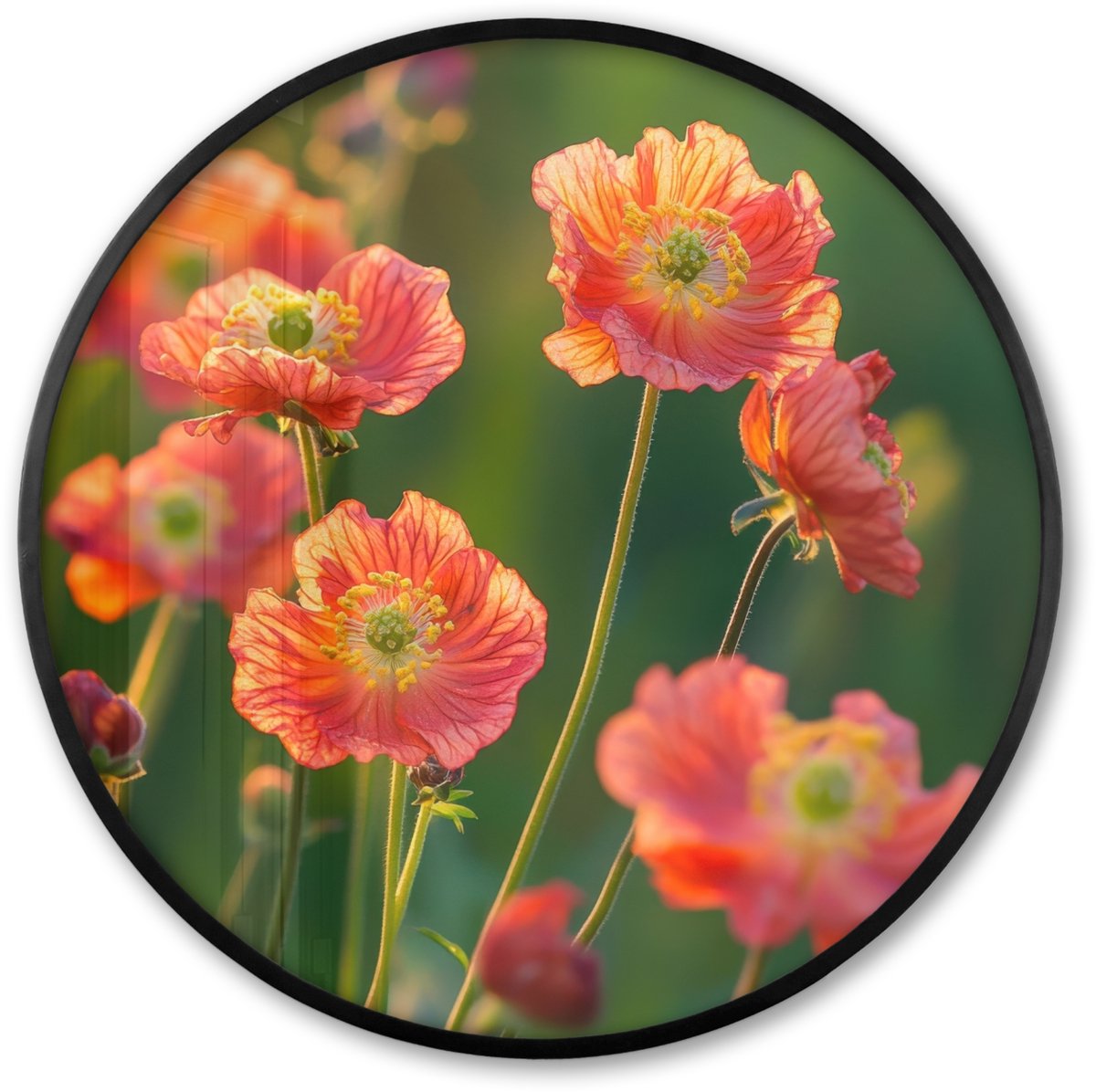 FrameYourWall Poster in lijst Rond - Fotolijst 80x80 cm - Posters - Bloemenveld - Zonnestralen - Oranje - Ronde posterlijst zwart - Decoratie - Wanddecoratie woonkamer - Muurdecoratie slaapkamer