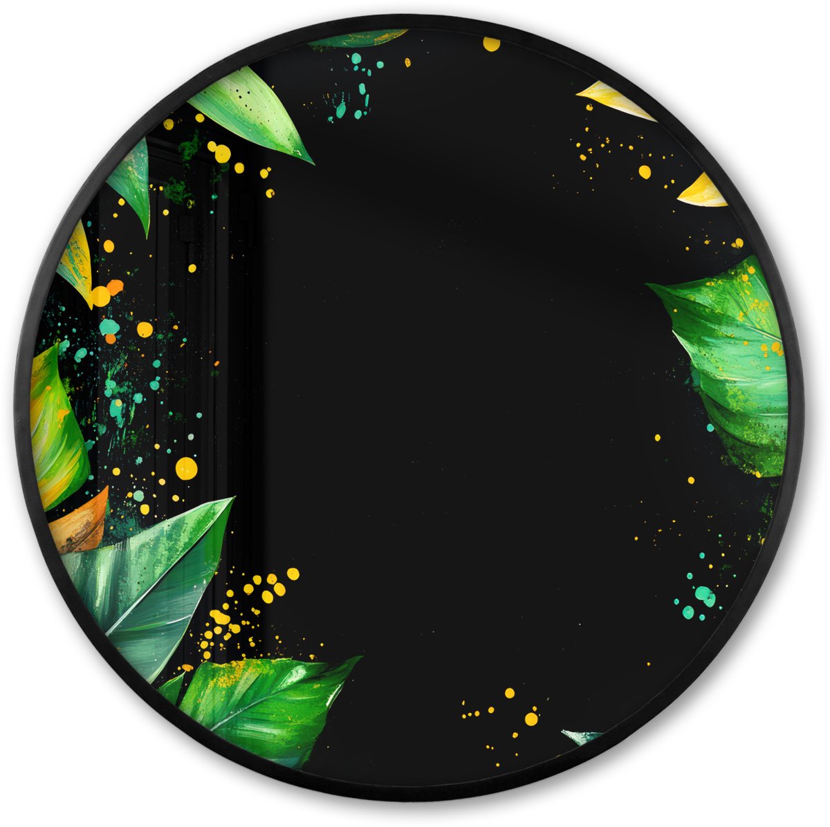 FrameYourWall Poster in lijst Rond - Fotolijst 80x80 cm - Posters - Bladeren - Groen - Geel - Verf - Jungle - Ronde posterlijst zwart - Decoratie - Wanddecoratie woonkamer - Muurdecoratie slaapkamer Graffiti - Bladeren