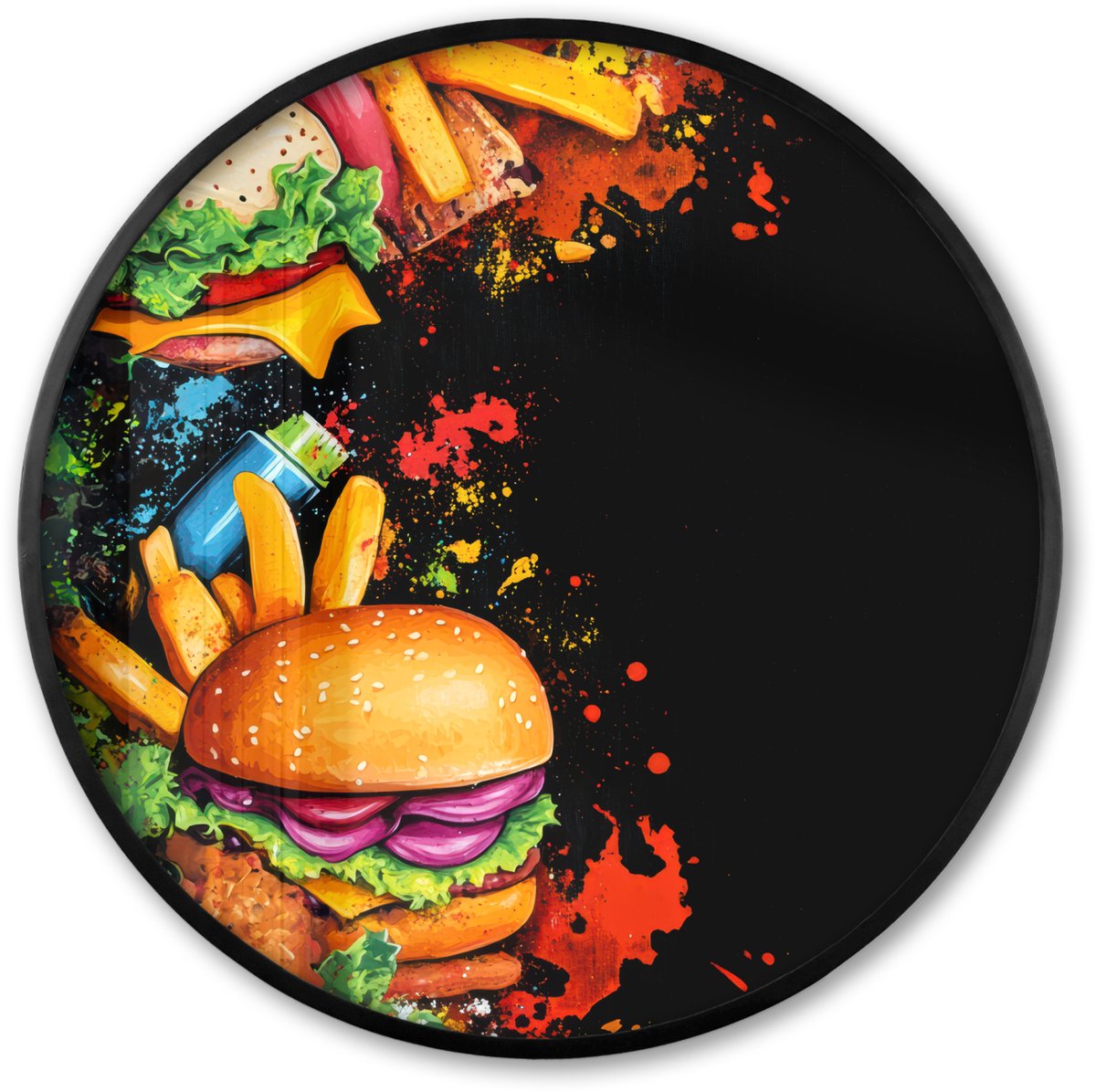 FrameYourWall Poster in lijst Rond - Fotolijst 80x80 cm - Posters - Fastfood - Graffiti - Hamburger - Eten - Modern - Ronde posterlijst zwart - Decoratie - Wanddecoratie woonkamer - Muurdecoratie slaapkamer