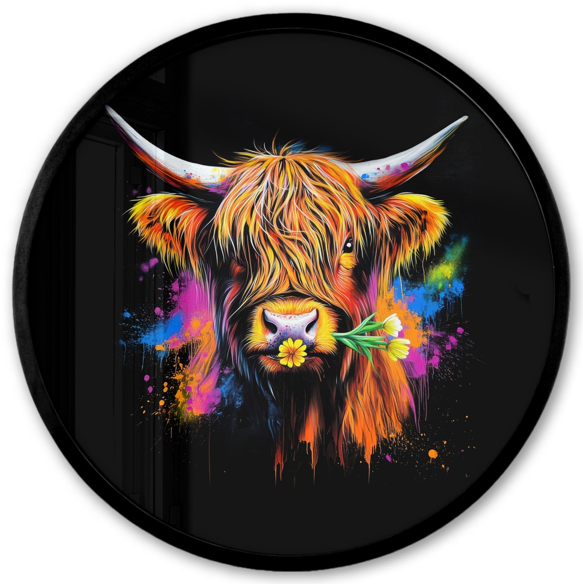 FrameYourWall Poster in lijst Rond - Fotolijst 40x40 cm - Posters - Schotse Hooglander - Graffiti - Kleurrijk - Bloem - Dieren - Ronde posterlijst zwart - Decoratie - Wanddecoratie woonkamer - Muurdecoratie slaapkamer Graffiti - Schotse Hooglander