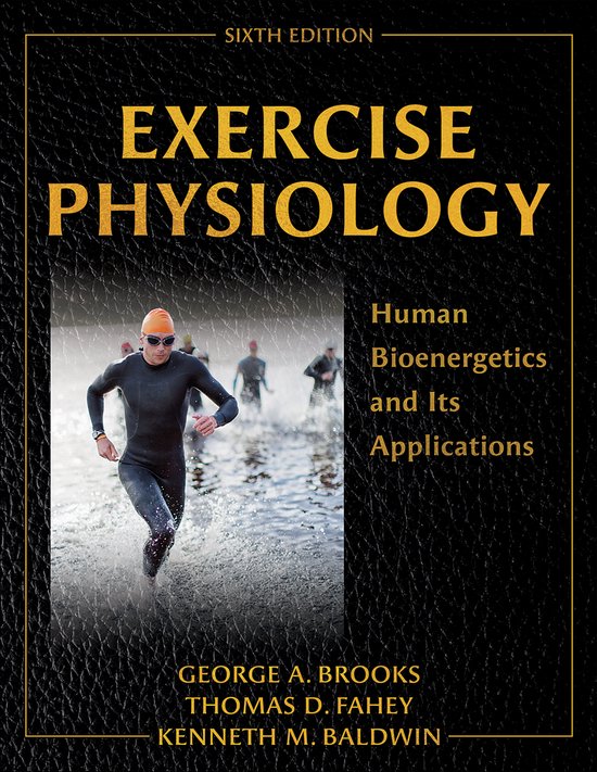 Boek 'Exercise Physiology', zesde editie, met een man in een wetsuit die rent in het water.