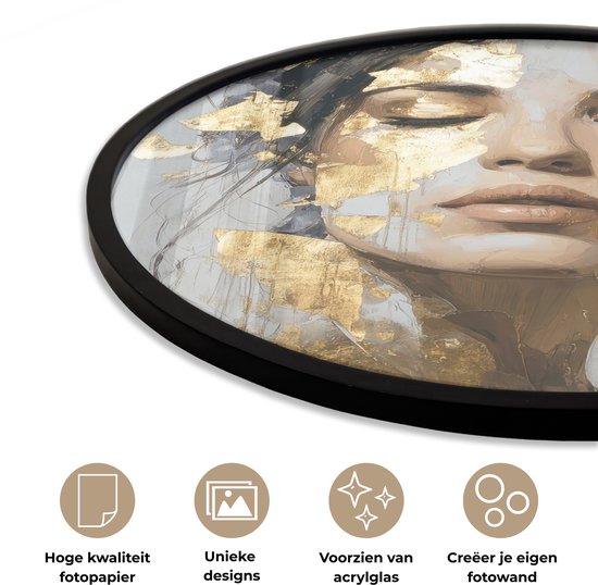 Affiche encadrée Ronde - Cadre photo 60x60 cm - Posters - Gracieuse - Femme - Or - Yeux - Cadre affiche rond noir - Décoration - Décoration murale salon - Décoration murale chambre