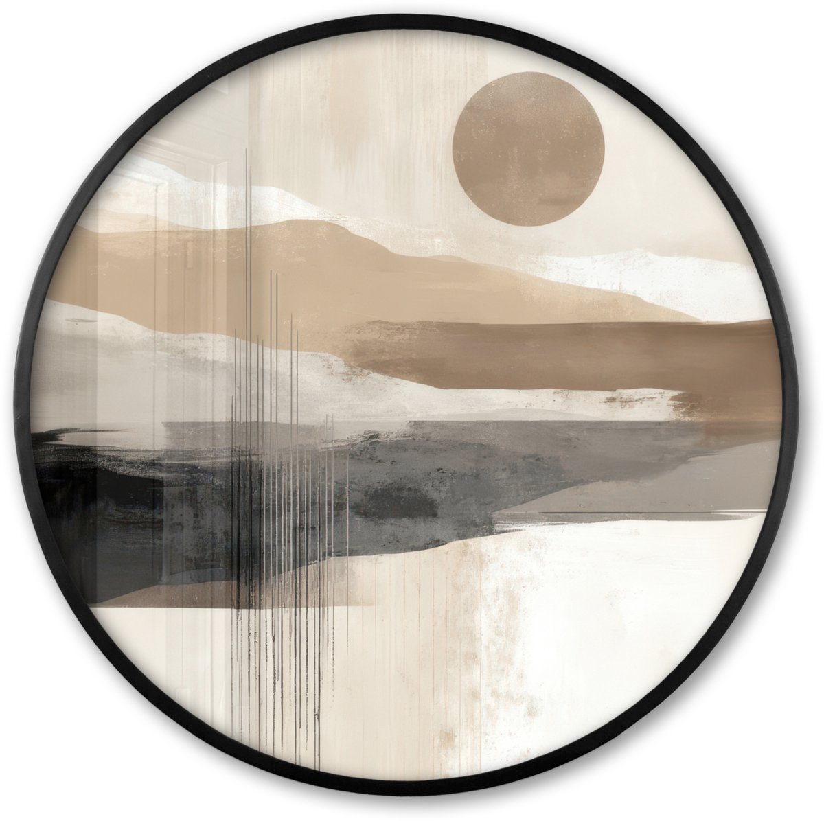 FrameYourWall Poster in lijst Rond - Fotolijst 60x60 cm - Posters - Minimalistisch - Landschap - Dimensie - Ronde posterlijst zwart - Decoratie - Wanddecoratie woonkamer - Muurdecoratie slaapkamer Landschap - Zon - Abstract