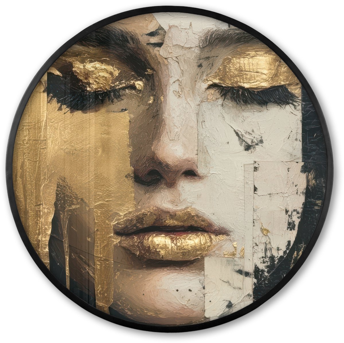 FrameYourWall Poster in lijst Rond - Fotolijst 60x60 cm - Posters - Abstract - Goud - Gezicht - Lippen - Ronde posterlijst zwart - Decoratie - Wanddecoratie woonkamer - Muurdecoratie slaapkamer Abstract - Gezicht - Lippen