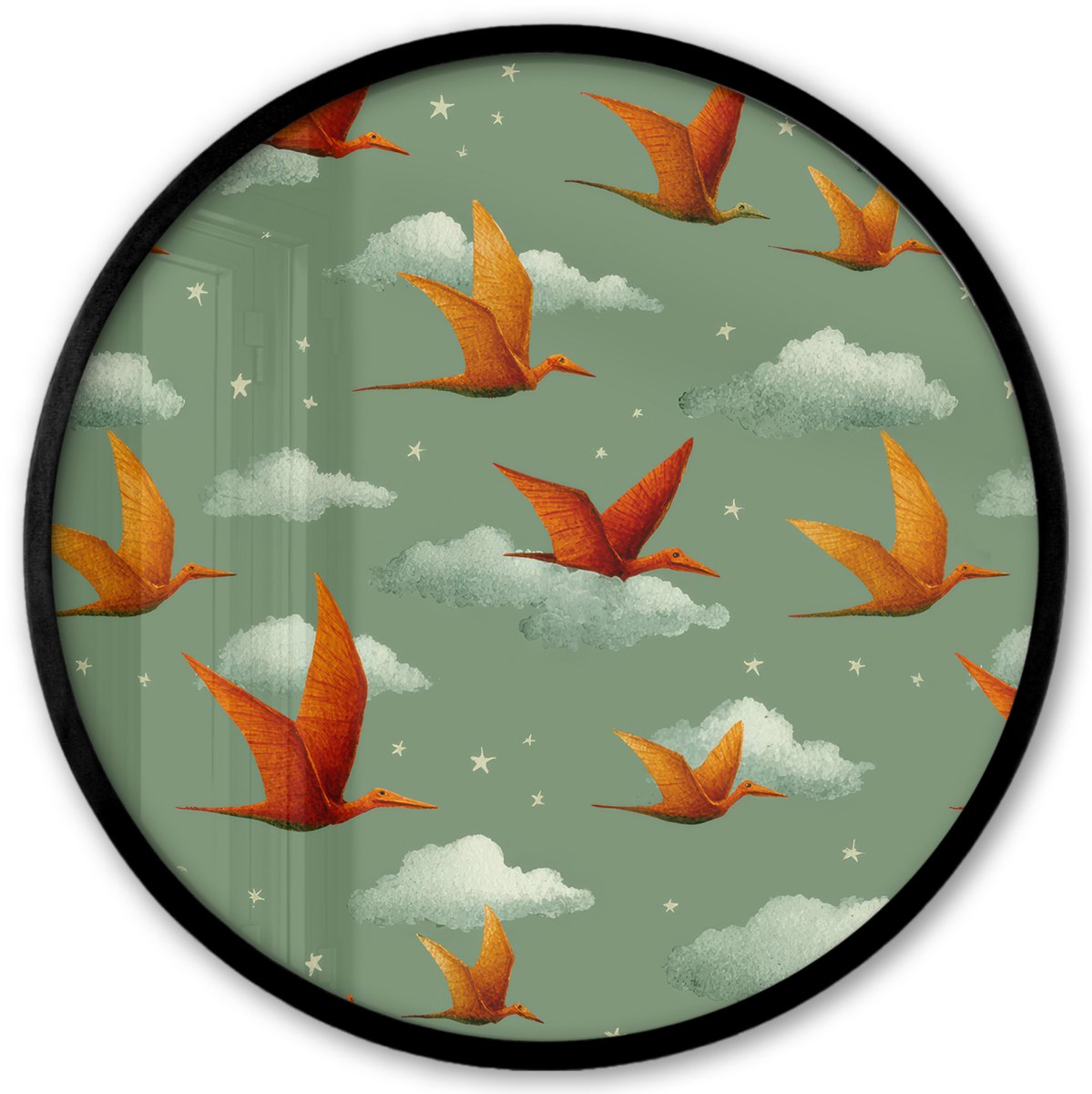 FrameYourWall Poster in lijst Rond - Fotolijst 40x40 cm - Posters - Dinosaurussen - Wolken - Sterren - Oranje - Ronde posterlijst zwart - Decoratie - Wanddecoratie woonkamer - Muurdecoratie slaapkamer