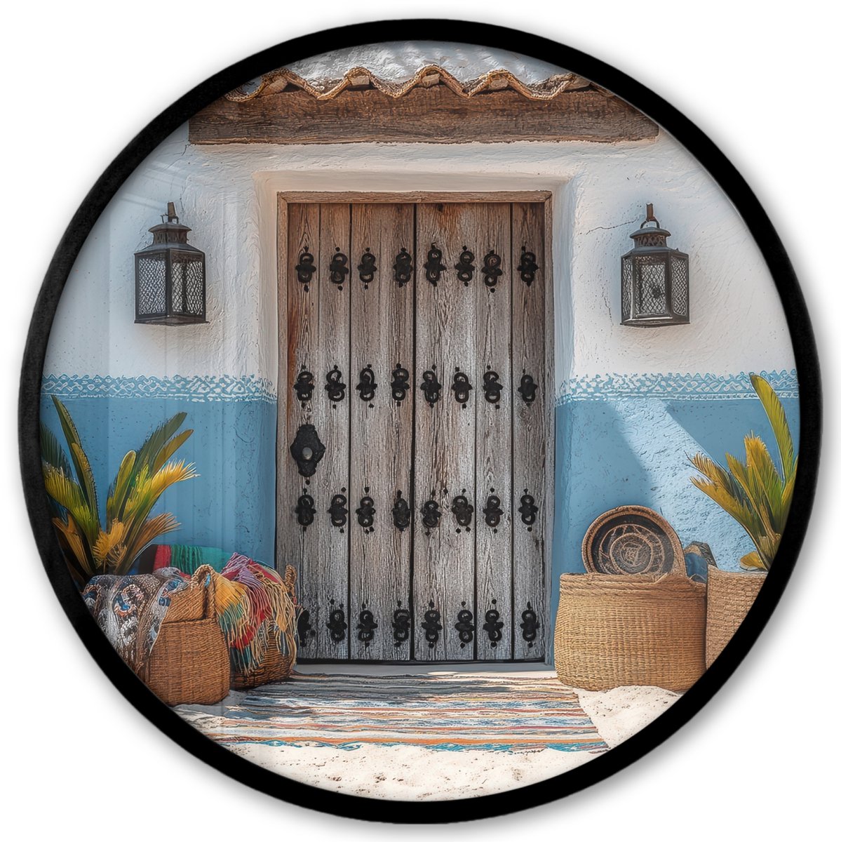 FrameYourWall Poster in lijst Rond - Fotolijst 40x40 cm - Posters - Deur - Manden - Planten - Ronde posterlijst zwart - Decoratie - Wanddecoratie woonkamer - Muurdecoratie slaapkamer Deur - Zomer