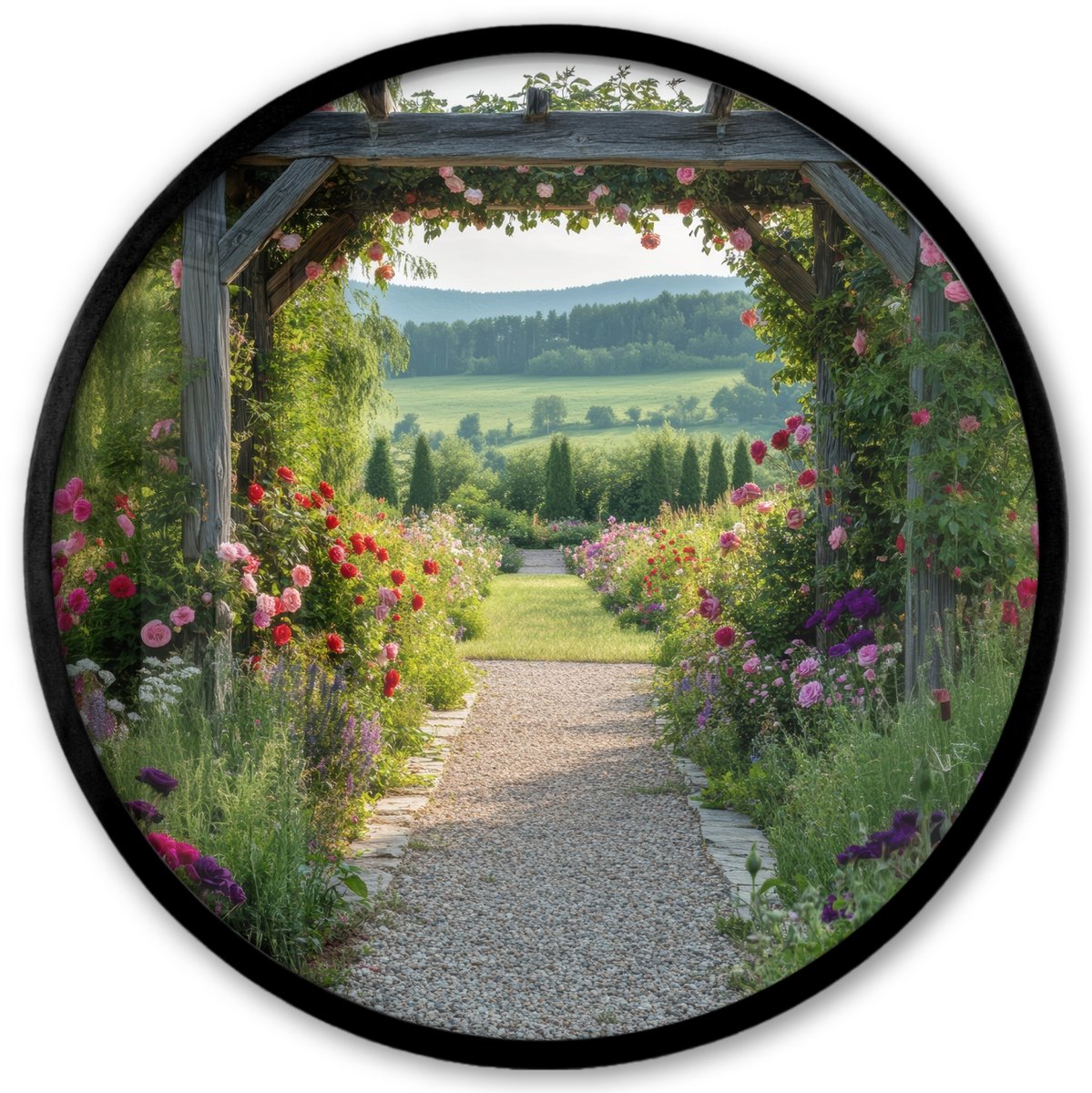 FrameYourWall Poster in lijst Rond - Fotolijst 40x40 cm - Posters - Doorkijk - Landschap - Natuur - Tuinboog - Bloemen - Ronde posterlijst zwart - Decoratie - Wanddecoratie woonkamer - Muurdecoratie slaapkamer Tuinboog - Landschap