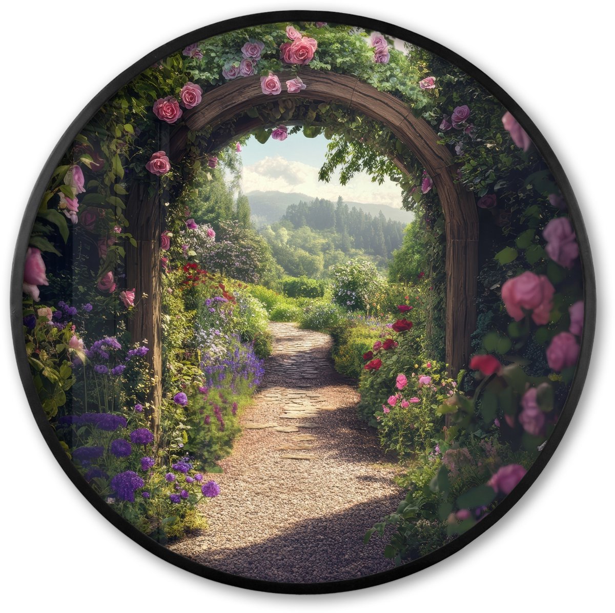 FrameYourWall Poster in lijst Rond - Fotolijst 80x80 cm - Posters - Doorkijk - Landschap - Bloemen - Rozenboog - Natuur - Ronde posterlijst zwart - Decoratie - Wanddecoratie woonkamer - Muurdecoratie slaapkamer Tuinboog - Rozen