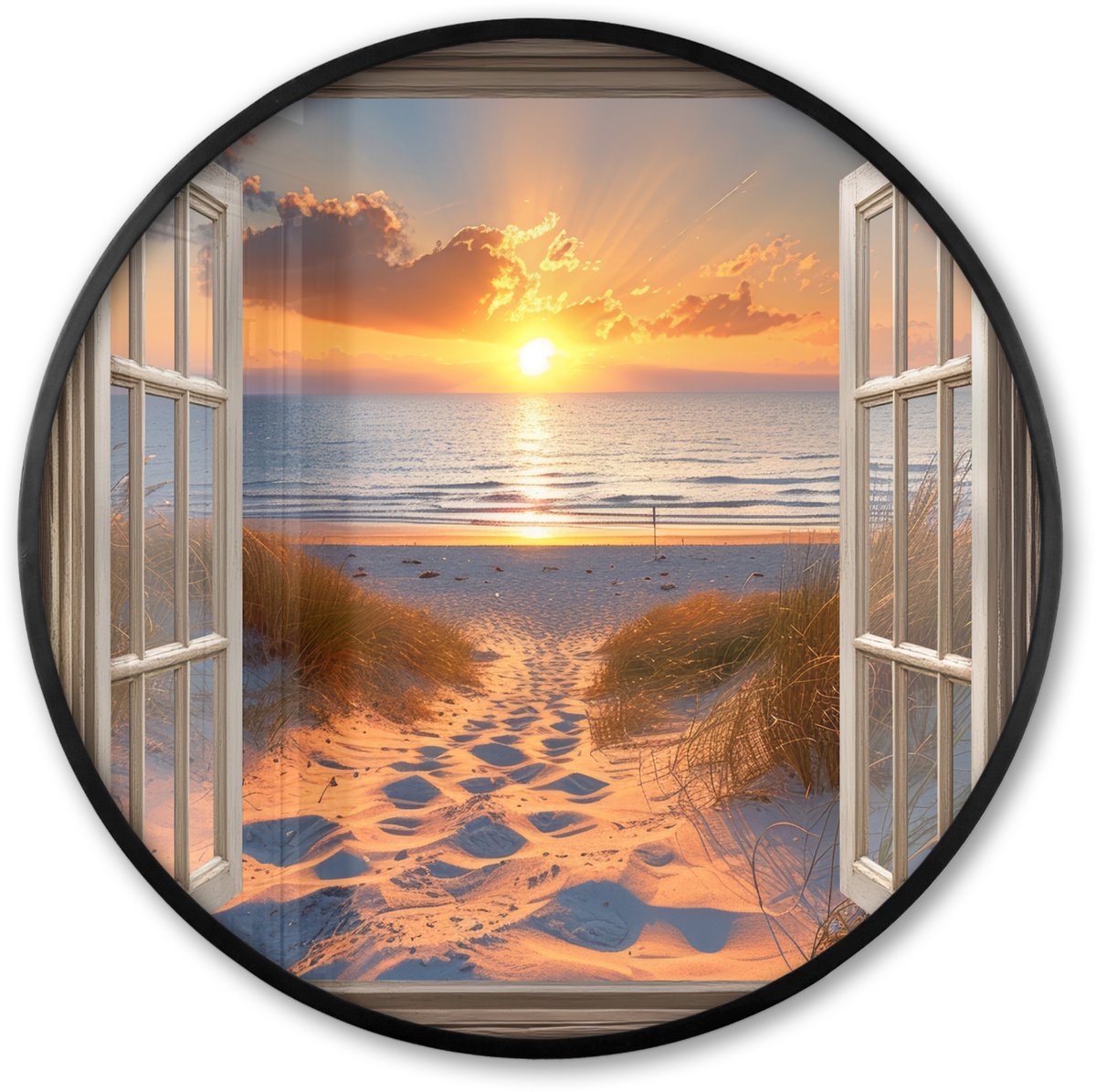 FrameYourWall Poster in lijst Rond - Fotolijst 60x60 cm - Posters - Doorkijk - Strand - Duinen - Zonsondergang - Ronde posterlijst zwart - Decoratie - Wanddecoratie woonkamer - Muurdecoratie slaapkamer Zonsondergang - Duinen