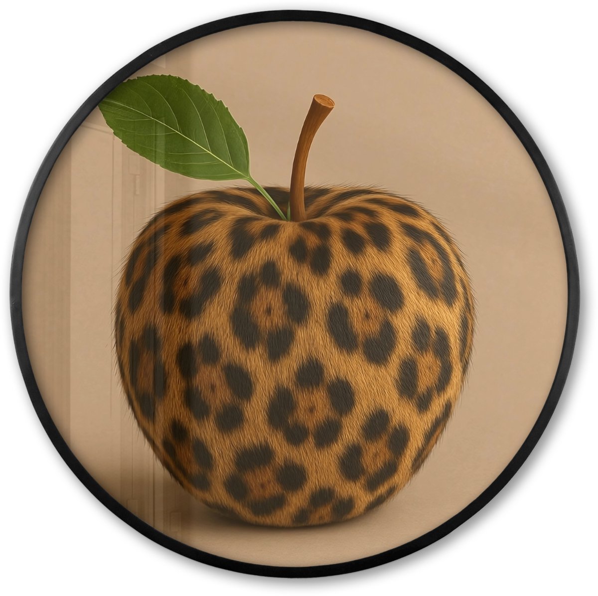 FrameYourWall Poster in lijst Rond - Fotolijst 60x60 cm - Posters - Appel - Panter - Blaadje - Groen - Ronde posterlijst zwart - Decoratie - Wanddecoratie woonkamer - Muurdecoratie slaapkamer Appel - Panterprint