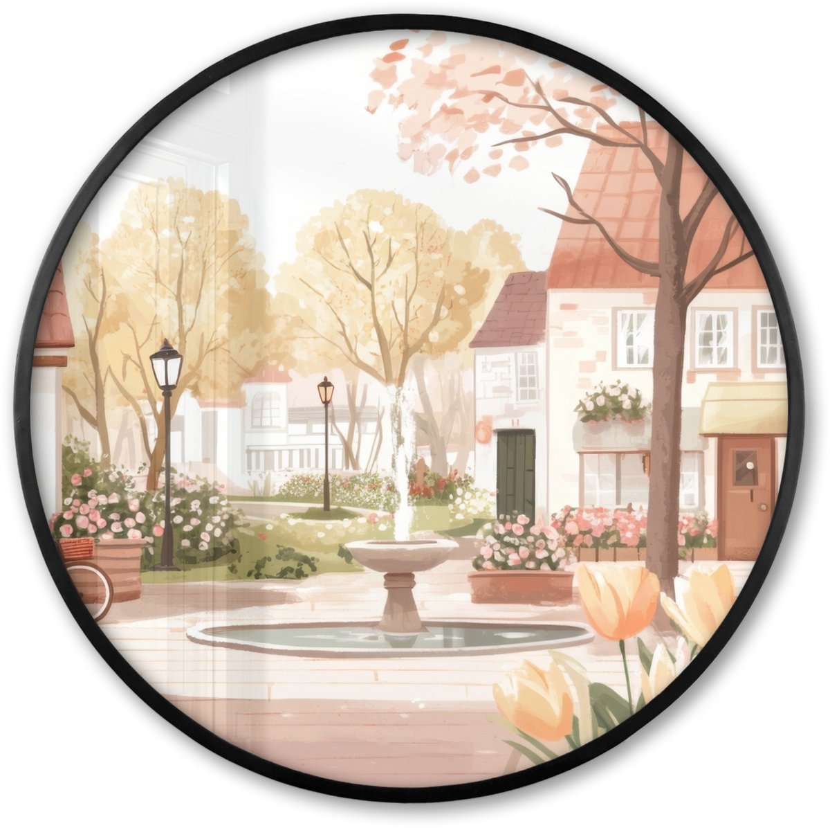 Poster in lijst Rond - Fotolijst 60x60 cm - Posters - Dorpsplein - Fontein - Tulpen - Rond