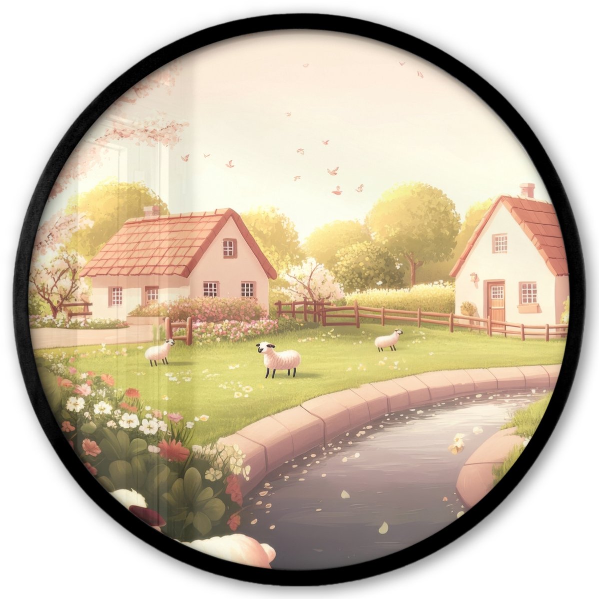FrameYourWall Poster in lijst Rond - Fotolijst 40x40 cm - Posters - Schapen - Huisje - Platteland - Ronde posterlijst zwart - Decoratie - Wanddecoratie woonkamer - Muurdecoratie slaapkamer Huisjes - Platteland