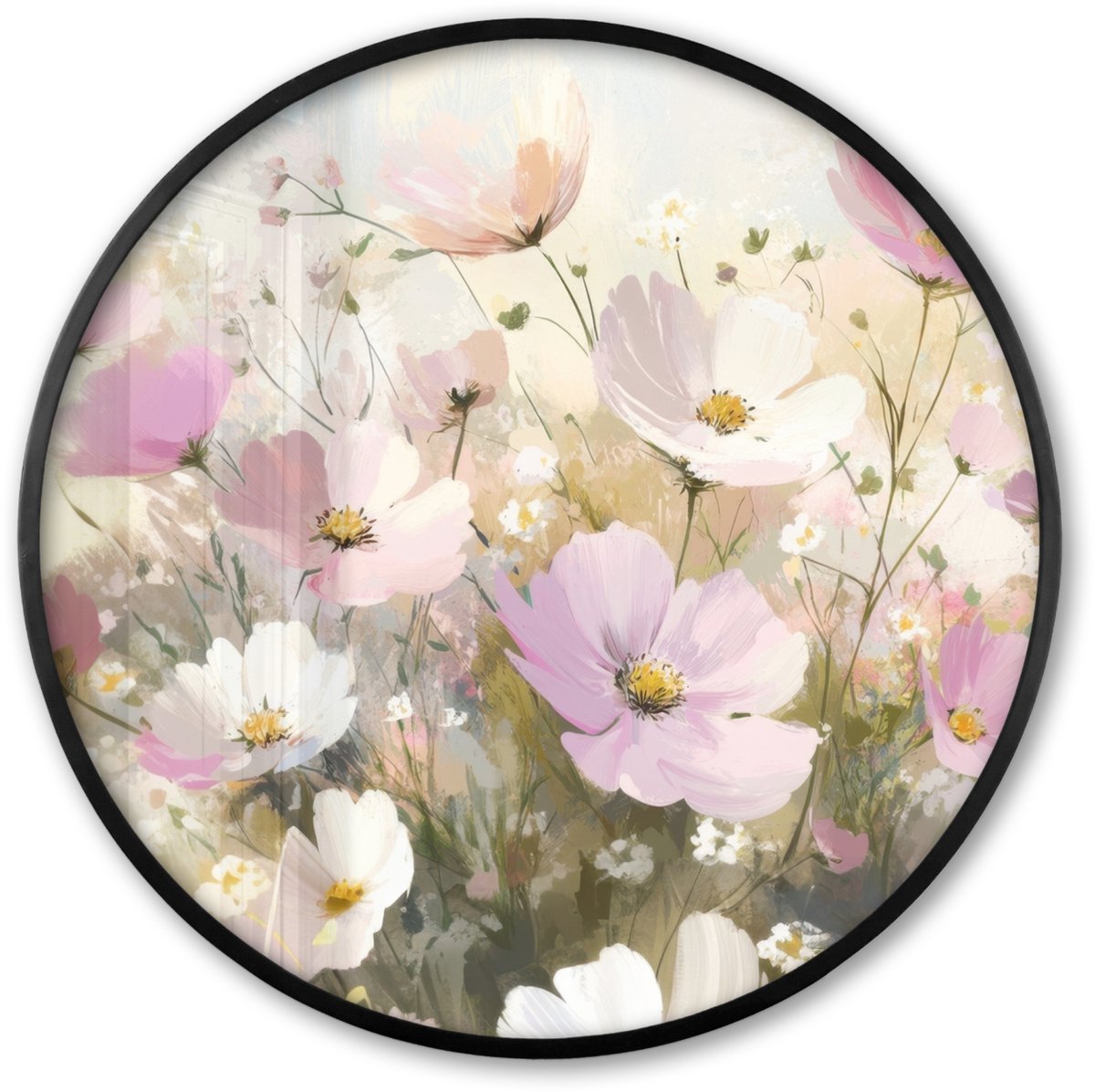 FrameYourWall Poster in lijst Rond - Fotolijst 80x80 cm - Posters - Bloemenveld - Lichte tinten - Geschilderd - Ronde posterlijst zwart - Decoratie - Wanddecoratie woonkamer - Muurdecoratie slaapkamer