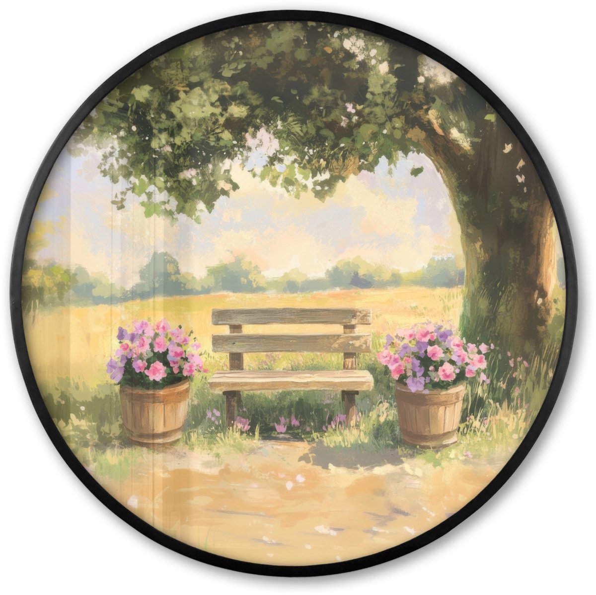 FrameYourWall Poster in lijst Rond - Fotolijst 60x60 cm - Posters - Houten bankje - Bloempotten - Landschap - Ronde posterlijst zwart - Decoratie - Wanddecoratie woonkamer - Muurdecoratie slaapkamer Landschap - Houten bankje