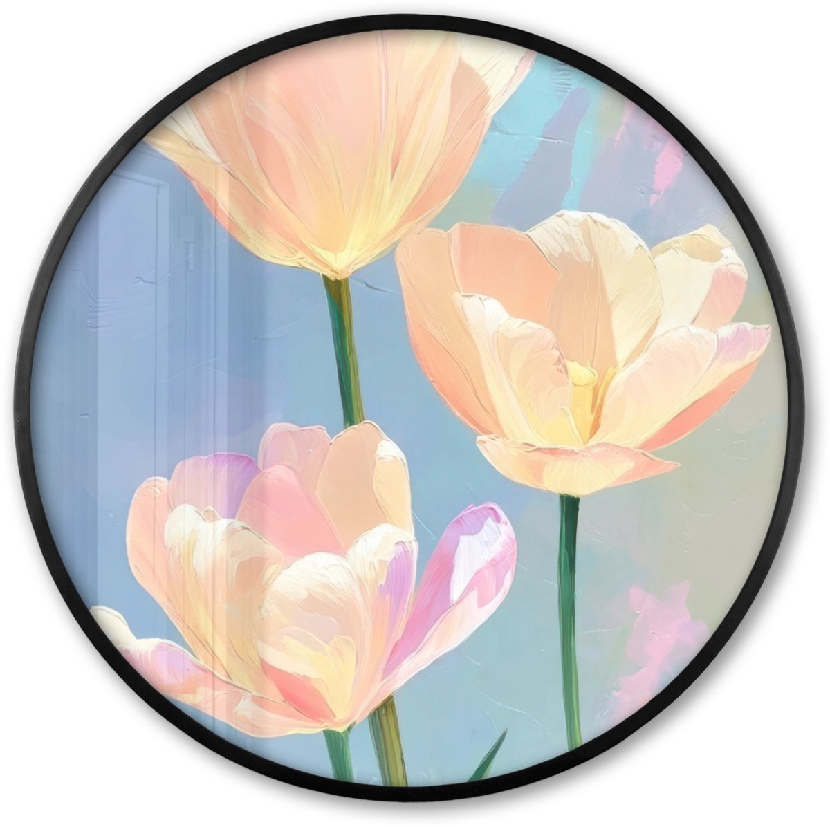 FrameYourWall Poster in lijst Rond - Fotolijst 60x60 cm - Posters - Tulpen - Roze accenten - Blauw - Ronde posterlijst zwart - Decoratie - Wanddecoratie woonkamer - Muurdecoratie slaapkamer