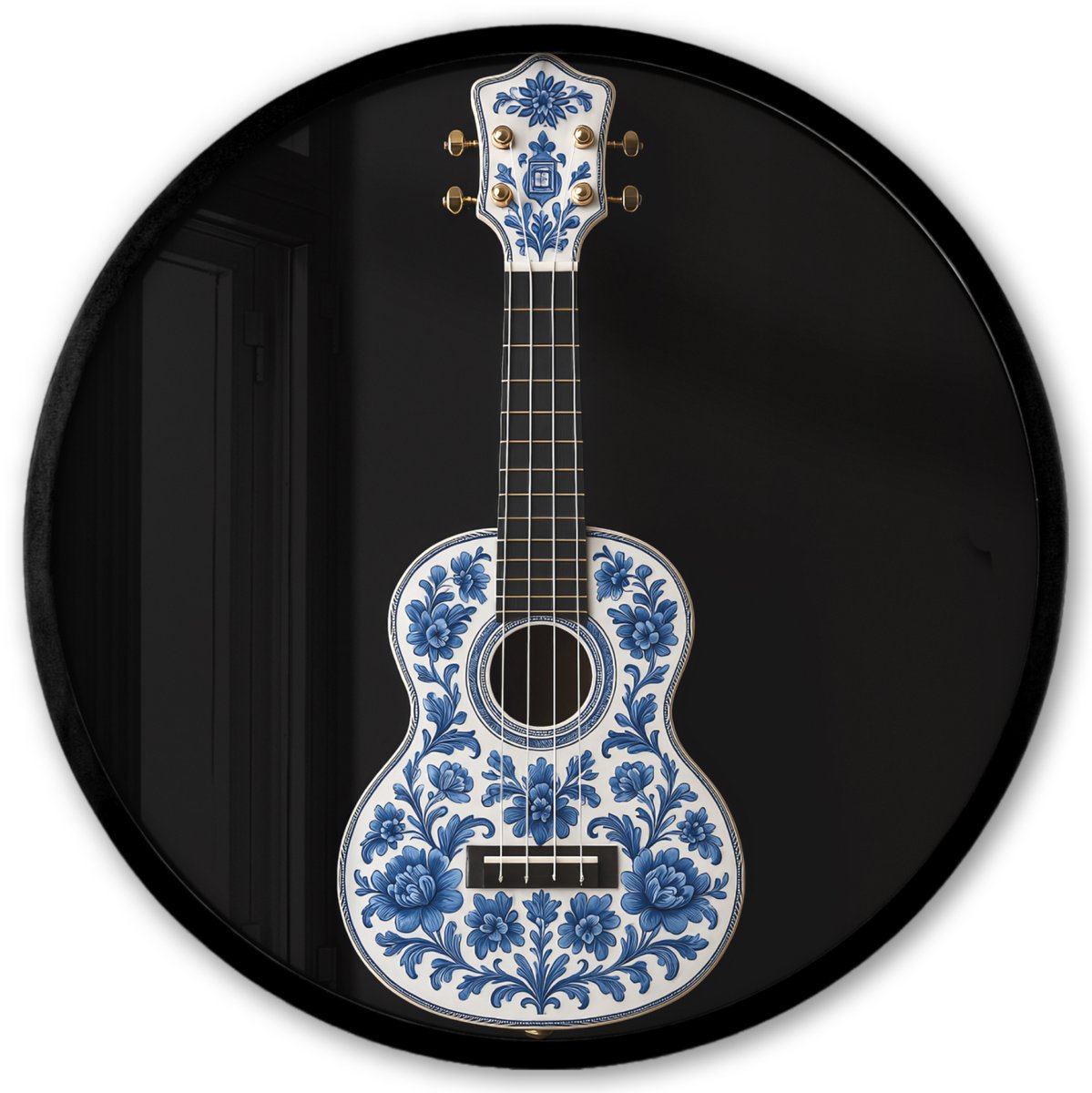 FrameYourWall Poster in lijst Rond - Fotolijst 40x40 cm - Posters - Ukelele - Delfts - Blauw - Muziek - Ronde posterlijst zwart - Decoratie - Wanddecoratie woonkamer - Muurdecoratie slaapkamer Gitaar