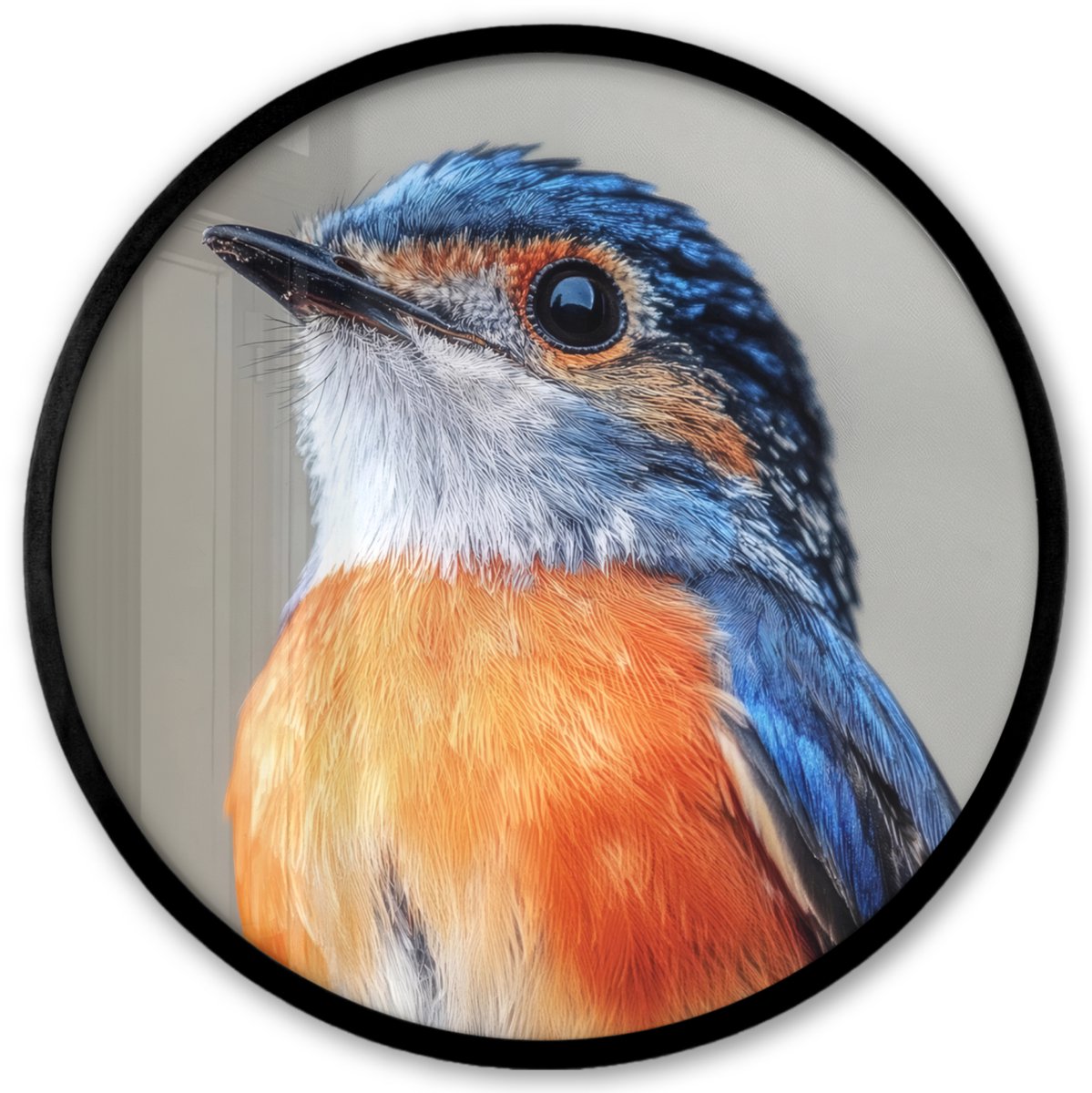 FrameYourWall Poster in lijst Rond - Fotolijst 40x40 cm - Posters - Kleurrijk - Vogeltje - Veren - Blauw - Ronde posterlijst zwart - Decoratie - Wanddecoratie woonkamer - Muurdecoratie slaapkamer