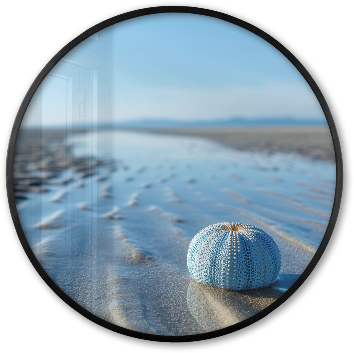 FrameYourWall Poster in lijst Rond - Fotolijst 60x60 cm - Posters - Strand - Schild - Water - Blauw - Ronde posterlijst zwart - Decoratie - Wanddecoratie woonkamer - Muurdecoratie slaapkamer Strand - Water