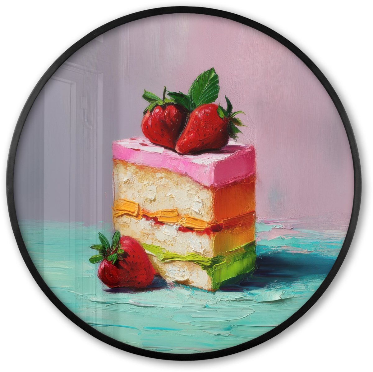 FrameYourWall Poster in lijst Rond - Fotolijst 80x80 cm - Posters - Taartje - Aardbeien - Glazuur - Kleurrijk - Ronde posterlijst zwart - Decoratie - Wanddecoratie woonkamer - Muurdecoratie slaapkamer