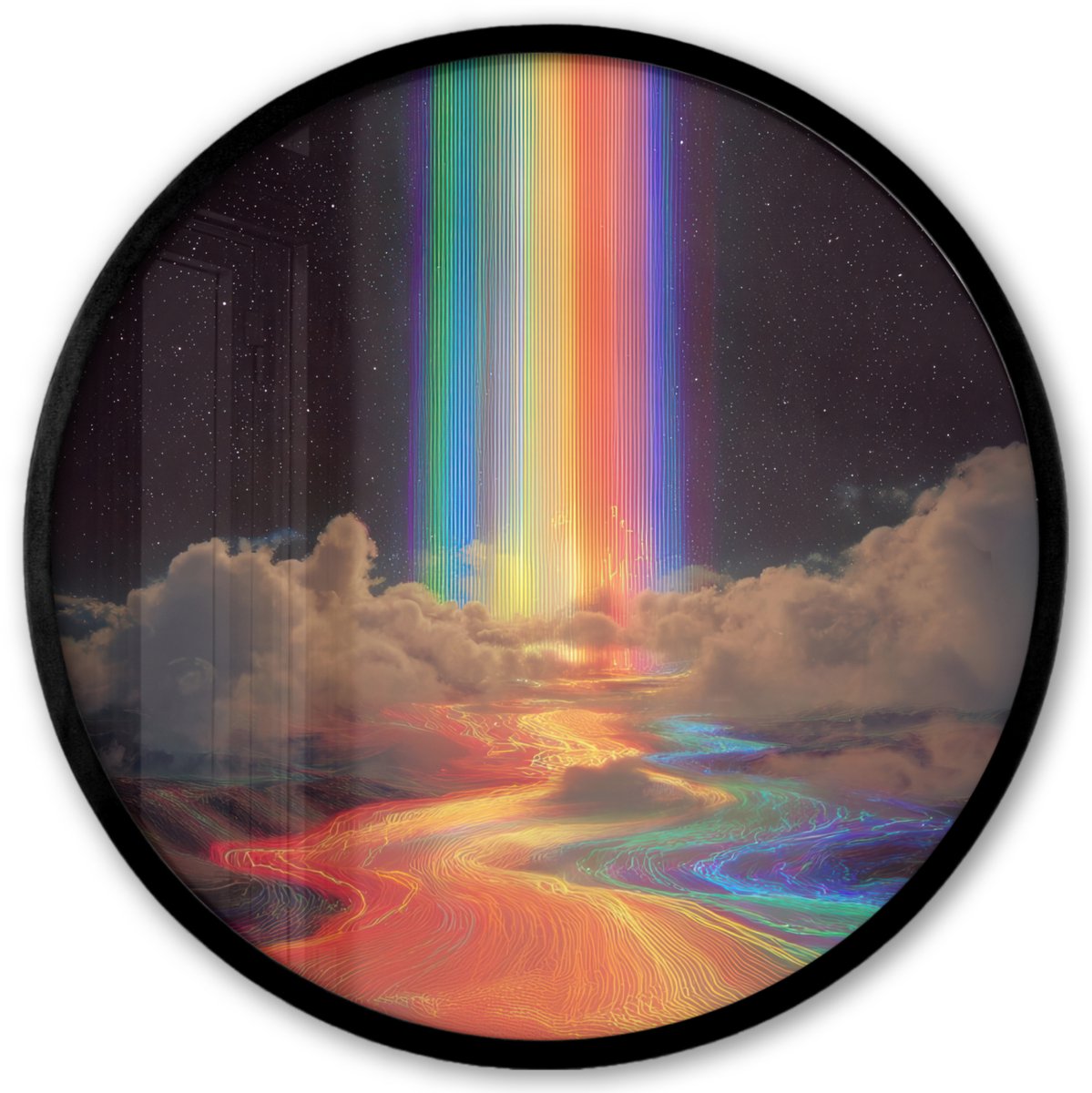 FrameYourWall Poster in lijst Rond - Fotolijst 40x40 cm - Posters - Regenboog - Verticaal - Sterrenhemel - Wolken - Ronde posterlijst zwart - Decoratie - Wanddecoratie woonkamer - Muurdecoratie slaapkamer Regenboog - Sterrenhemel - Wolken