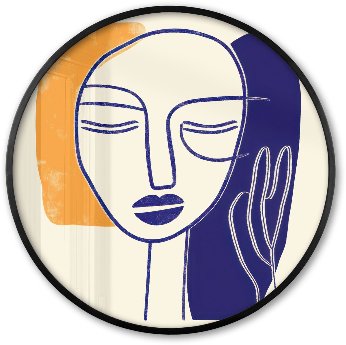 FrameYourWall Poster in lijst Rond - Fotolijst 60x60 cm - Posters - Minimalistisch - Gezicht - Hand - Oranje - Blauw - Ronde posterlijst zwart - Decoratie - Wanddecoratie woonkamer - Muurdecoratie slaapkamer Gezicht - Hand - Minimalistisch