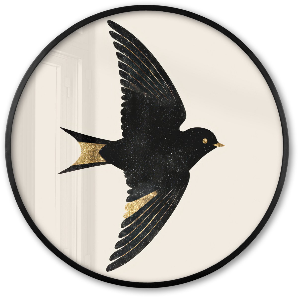 FrameYourWall Poster in lijst Rond - Fotolijst 80x80 cm - Posters - Zwarte zwaluw - Gouden accenten - Lichte achtergrond - Ronde posterlijst zwart - Decoratie - Wanddecoratie woonkamer - Muurdecoratie slaapkamer