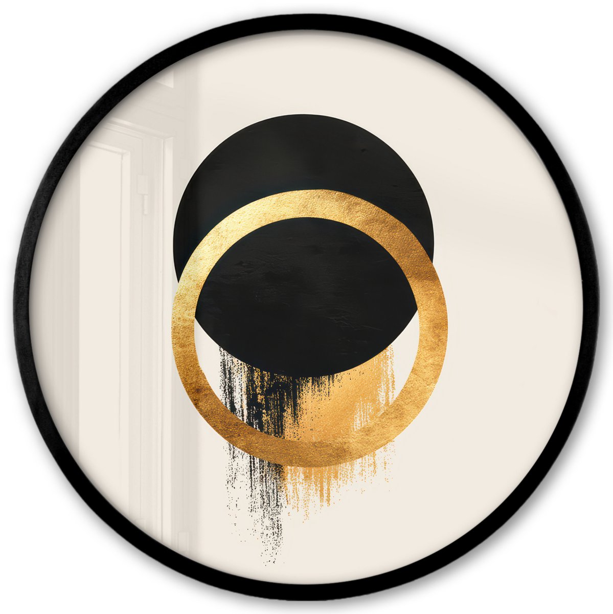 FrameYourWall Poster in lijst Rond - Fotolijst 40x40 cm - Posters - Abstract ontwerp - Zwarte cirkel - Verfvlekken - Ronde posterlijst zwart - Decoratie - Wanddecoratie woonkamer - Muurdecoratie slaapkamer Cirkels - Verfvlekken