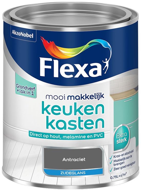 Flexa Keukenkasten lak in antraciet zijdeglans. Grondverf + lak in 1. Kras- en stootvast.