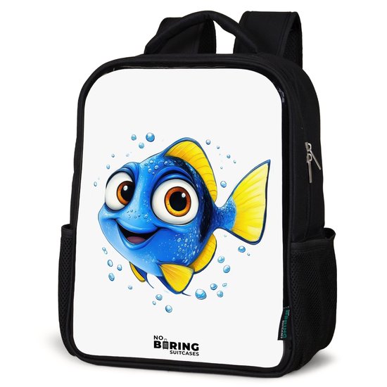 Sac à dos noir - Cartable pour garçons et filles - Poisson bleu avec des nageoires jaunes et un regard joyeux - Sac à dos d'école - Cartable enfant - Sac à dos d'école - Sac à dos enfant