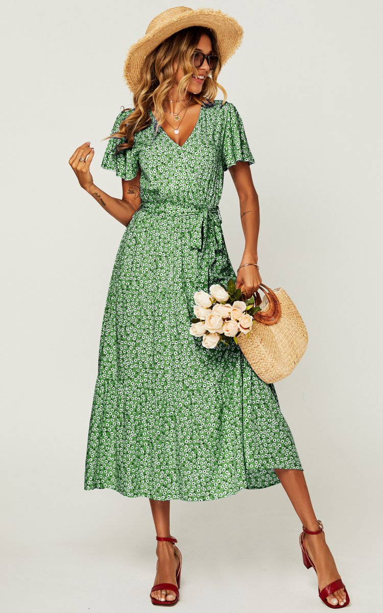 Midi-jurk met bloemenprint en gelaagde zoom in groen