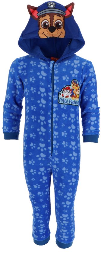Blauwe Paw Patrol onesie voor kinderen met capuchon en Chase gezicht. Pootafdruk patroon.