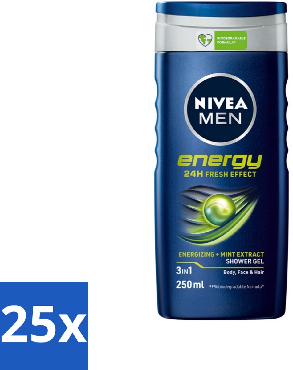 25 x Nivea - Men - Energy Douchegel - Langdurig Fris Gevoel - 250 ml - Douchegel Voor Mannen - 2 In 1 Douchegel - Energieboost - Fris Gevoel - Mintextract