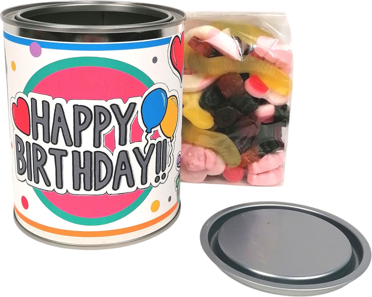 Happy Birthday - Verjaardag cadeau kind - Cadeaublik gevuld met snoepmix - snoepcadeau