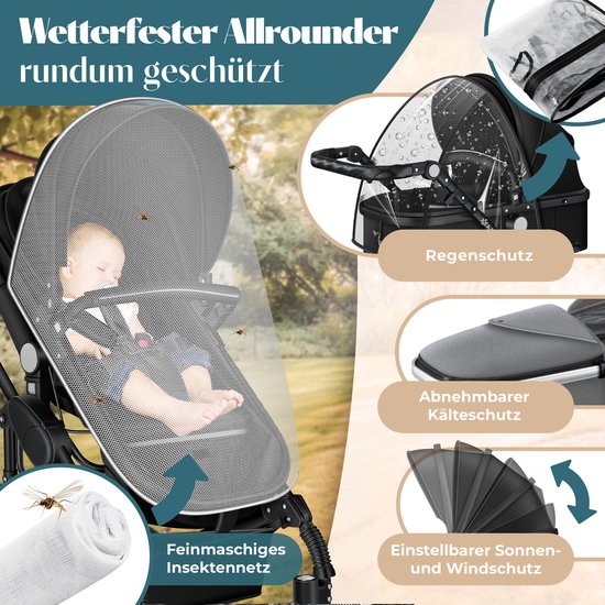 KESSER® Kinderwagen 3 in 1 Loops Wandelwagen Set incl. Autostoel & Reiswieg & Buggy Sportzitje - Massieve Rubberbanden - Luiertas / Regenhoes - Zwart van KESSER® — afbeelding 3