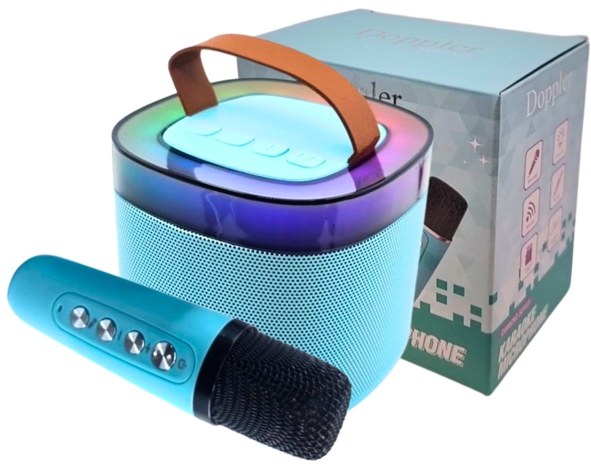 Doppler Diamond – Bluetooth Karaoke Set met Draadloze Microfoon, LED Verlichting & 10W Stereo Speaker – Turquoise Blauw