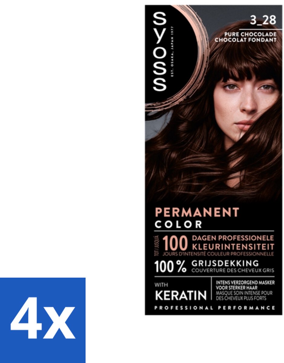4 x SYOSS - Coloration 3-28 Pure Chocolade - Haarverf - Grijsdekking - Vermindert Haarbreuk - Permanente Haarkleuring - Haarkleur - Grijsdekking - Keratine - Haarkleur Crème