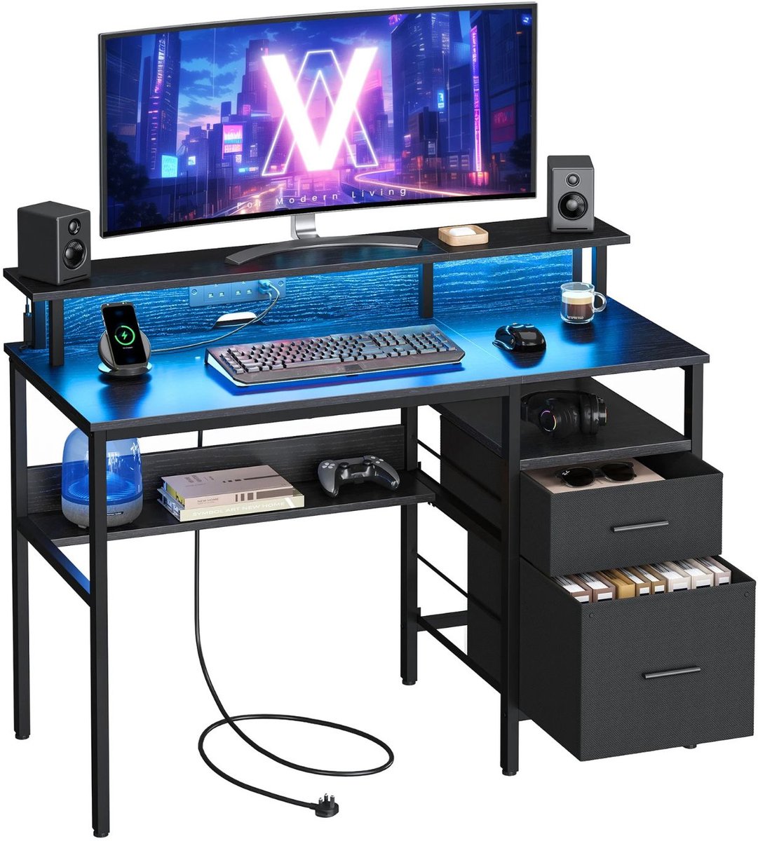 Fubzz Gaming bureau met lades - Computertafel met monitorstandaard en LED verlichting - Inclusief stopcontacten - 55x120x90 cm
