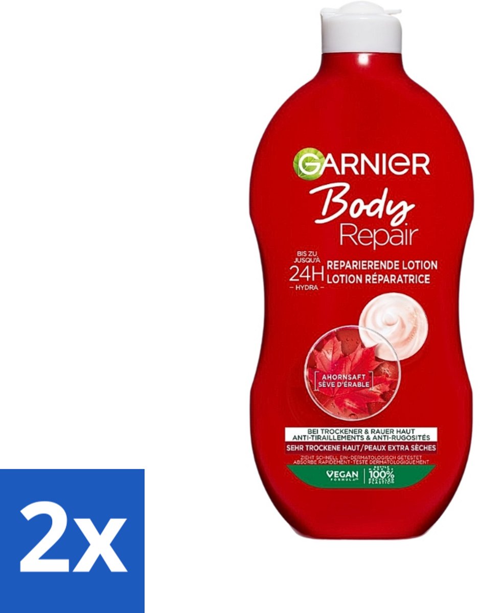 2 x Garnier - Body - Bodylotion - Repair - Herstellend & Hydraterend - 400 ml - Herstellende Bodylotion - Intensieve Hydratatie - Droge Huid - 24 Uur Hydratatie - Ahuornsap